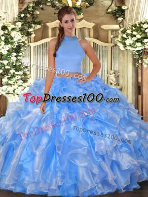 Baby Blue Organza Backless Halter Top Sleeveless Floor Length Sweet 16 Dresses Beading and Ruffles