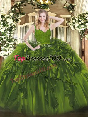 Unique Floor Length Backless Sweet 16 Dresses Olive Green for Military Ball and Sweet 16 and Quinceanera with Beading and Lace and Ruffles