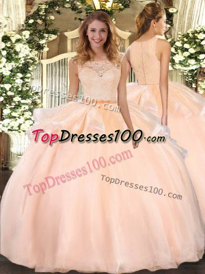 Most Popular Peach Sleeveless Organza Clasp Handle Quinceanera Gowns for Military Ball and Sweet 16 and Quinceanera