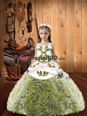 Floor Length Multi-color Child Pageant Dress Fabric With Rolling Flowers Sleeveless Embroidery