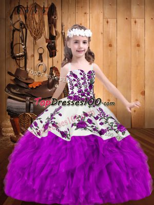 Superior Organza Straps Sleeveless Lace Up Beading and Embroidery Teens Party Dress in Purple