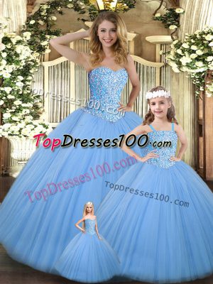 Top Selling Baby Blue Lace Up Quinceanera Dresses Beading Sleeveless Floor Length