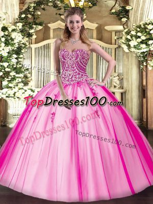 Luxurious Hot Pink Ball Gowns Tulle Sweetheart Sleeveless Beading Floor Length Lace Up Quinceanera Gowns