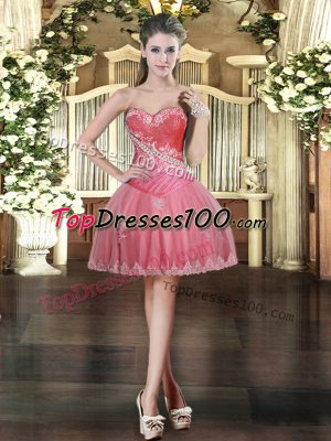 Suitable Coral Red Ball Gowns Beading and Appliques Dress for Prom Lace Up Tulle Sleeveless Mini Length