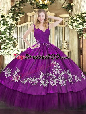New Style Fuchsia Ball Gowns Taffeta V-neck Sleeveless Beading and Lace and Appliques Floor Length Backless 15 Quinceanera Dress