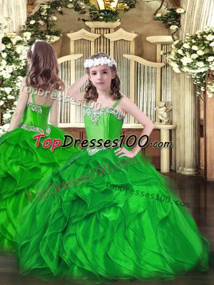 Super Green Ball Gowns Straps Sleeveless Organza Floor Length Lace Up Beading and Ruffles Girls Pageant Dresses