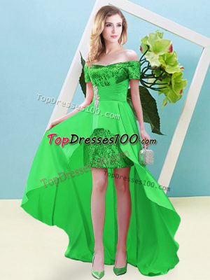 Flare Green Empire Beading Dress for Prom Lace Up Elastic Woven Satin and Sequined Short Sleeves High Low