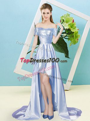 Elastic Woven Satin and Sequined Short Sleeves High Low Evening Dress and Sequins