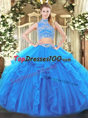 Amazing High-neck Sleeveless Quinceanera Dresses Floor Length Beading and Ruffles Baby Blue Tulle