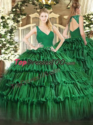 Dark Green Ball Gowns V-neck Sleeveless Organza Floor Length Backless Beading and Lace and Ruffled Layers Sweet 16 Dresses