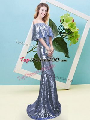 Stunning Blue Half Sleeves Floor Length Sequins Zipper Prom Dresses