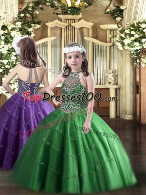 Great Sleeveless Tulle Floor Length Lace Up Casual Dresses in Green with Beading