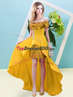 Extravagant Off The Shoulder Short Sleeves Lace Up Prom Dresses Gold Elastic Woven Satin and Sequined