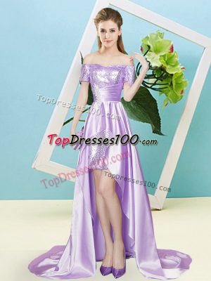 Lavender Empire Off The Shoulder Short Sleeves Elastic Woven Satin and Sequined High Low Lace Up Sequins Prom Party Dress