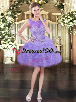 Sleeveless Mini Length Beading and Ruffles and Pick Ups Lace Up Evening Dress with Lavender