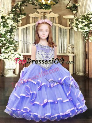 Perfect Floor Length Lavender Child Pageant Dress Organza Sleeveless Beading and Ruffled Layers