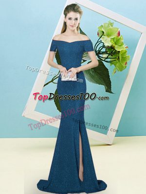 Blue Sequined Zipper Prom Party Dress Long Sleeves Sweep Train Sequins