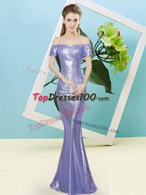 Beauteous Lavender Mermaid Sequined Off The Shoulder Short Sleeves Sequins Floor Length Zipper Dress for Prom