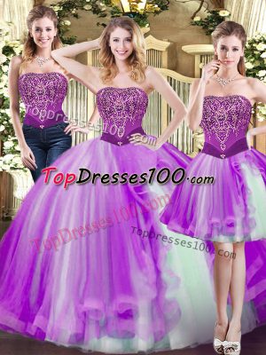 Ball Gowns Quince Ball Gowns Eggplant Purple Strapless Tulle Sleeveless Floor Length Lace Up