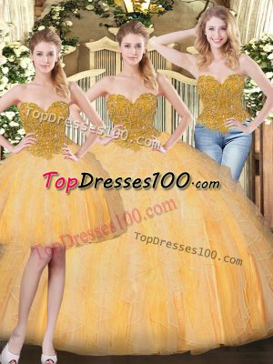 Captivating Gold Tulle Lace Up Sweet 16 Dresses Sleeveless Floor Length Beading and Ruffles