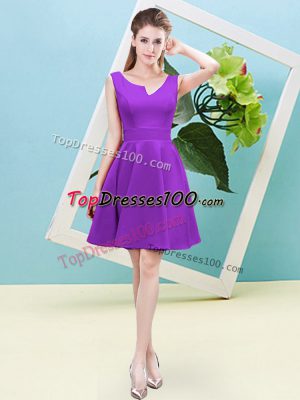 Eggplant Purple A-line Asymmetric Sleeveless Satin Mini Length Zipper Ruching Bridesmaid Dress