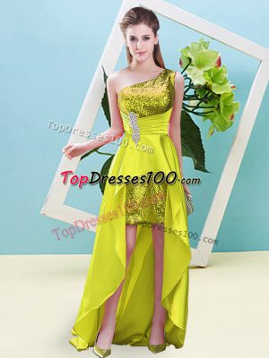 Chic Yellow Elastic Woven Satin and Sequined Lace Up One Shoulder Sleeveless High Low Prom Evening Gown Beading and Sequins