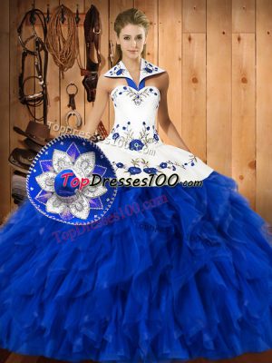 Spectacular Ball Gowns Vestidos de Quinceanera Blue And White Halter Top Satin and Organza Sleeveless Floor Length Lace Up