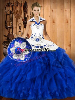 Spectacular Ball Gowns Vestidos de Quinceanera Blue And White Halter Top Satin and Organza Sleeveless Floor Length Lace Up