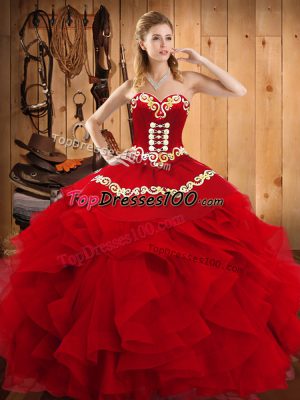 Wine Red Ball Gown Prom Dress Military Ball and Sweet 16 and Quinceanera with Embroidery and Ruffles Sweetheart Sleeveless Lace Up