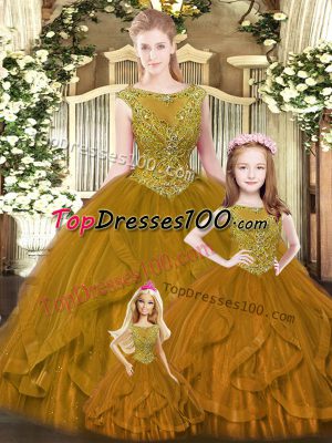 Custom Designed Brown Lace Up Scoop Beading and Ruffles Quinceanera Dresses Organza Sleeveless