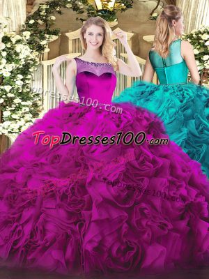 Fabric With Rolling Flowers Scoop Sleeveless Zipper Beading Ball Gown Prom Dress in Fuchsia