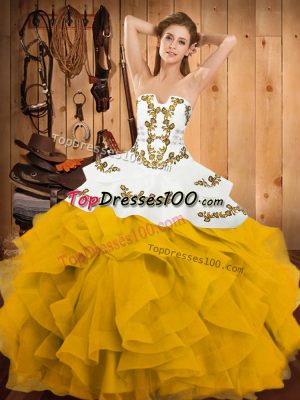 Gorgeous Strapless Sleeveless Satin and Organza Quince Ball Gowns Embroidery and Ruffles Lace Up