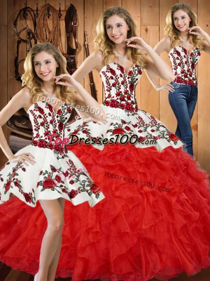 Beautiful Floor Length Red Quinceanera Gowns Tulle Sleeveless Embroidery and Ruffles