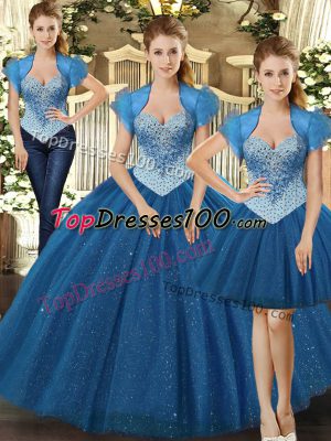 Trendy Teal Ball Gown Prom Dress Military Ball and Sweet 16 and Quinceanera with Beading Straps Sleeveless Lace Up