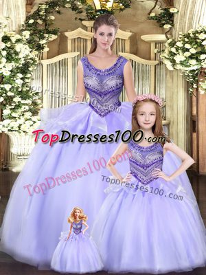 Scoop Sleeveless Tulle 15 Quinceanera Dress Beading and Ruching Lace Up