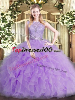 Exquisite Floor Length Lavender Ball Gown Prom Dress Tulle Sleeveless Beading and Ruffles