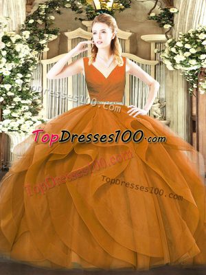 Brown Ball Gowns Beading and Ruffles Vestidos de Quinceanera Zipper Tulle Sleeveless Floor Length