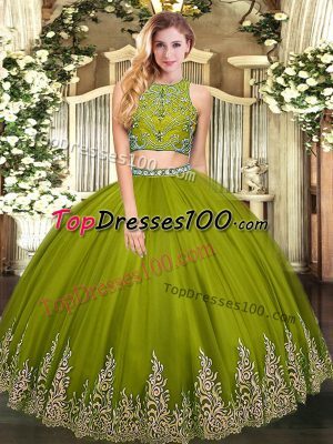 High-neck Sleeveless Quinceanera Gown Floor Length Beading and Appliques Olive Green Tulle