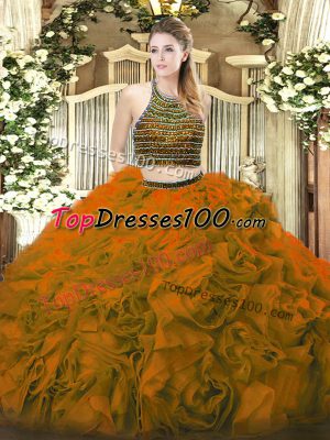 Brown 15th Birthday Dress Military Ball and Sweet 16 and Quinceanera with Beading and Ruffles Halter Top Sleeveless Lace Up