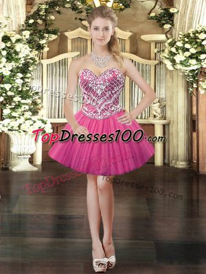 Deluxe Hot Pink Ball Gowns Tulle Sweetheart Sleeveless Beading Mini Length Lace Up Evening Dress