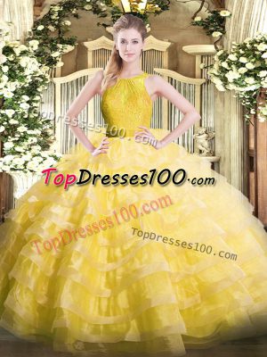 Yellow Ball Gowns Organza Scoop Sleeveless Ruffled Layers Floor Length Zipper Quinceanera Gown