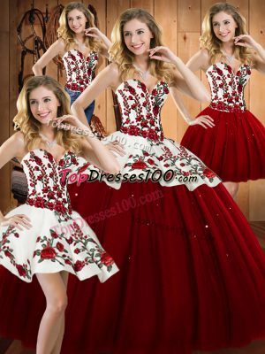 Wine Red Lace Up Sweetheart Embroidery 15 Quinceanera Dress Satin and Tulle Sleeveless