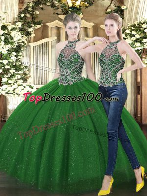 Attractive Dark Green Tulle Lace Up 15th Birthday Dress Sleeveless Floor Length Beading