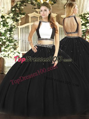 High Quality Floor Length Black Quinceanera Dresses Tulle Sleeveless Ruching