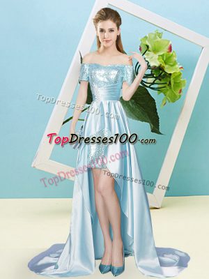 Light Blue Dress for Prom Prom and Party with Sequins Off The Shoulder Short Sleeves Lace Up