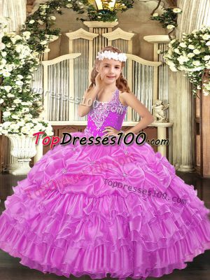 Lilac Ball Gowns V-neck Sleeveless Organza Floor Length Lace Up Beading and Ruffled Layers and Pick Ups Party Dress