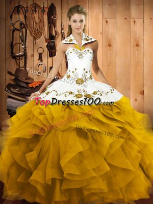 Decent Gold Sleeveless Floor Length Embroidery and Ruffles Lace Up Quinceanera Dress