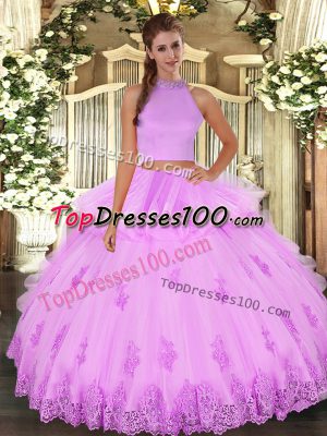Lilac Quinceanera Dress Military Ball and Sweet 16 and Quinceanera with Beading and Appliques and Ruffles Halter Top Sleeveless Backless