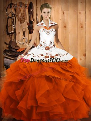 Tulle Halter Top Sleeveless Lace Up Embroidery and Ruffles Sweet 16 Quinceanera Dress in Orange Red