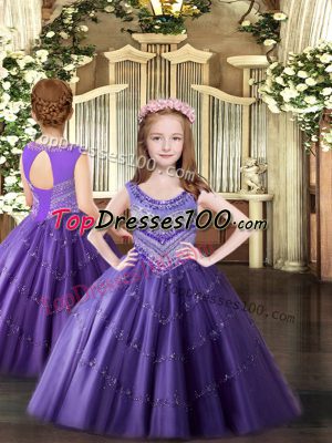 Affordable Sleeveless Floor Length Beading Lace Up Juniors Party Dress with Lavender